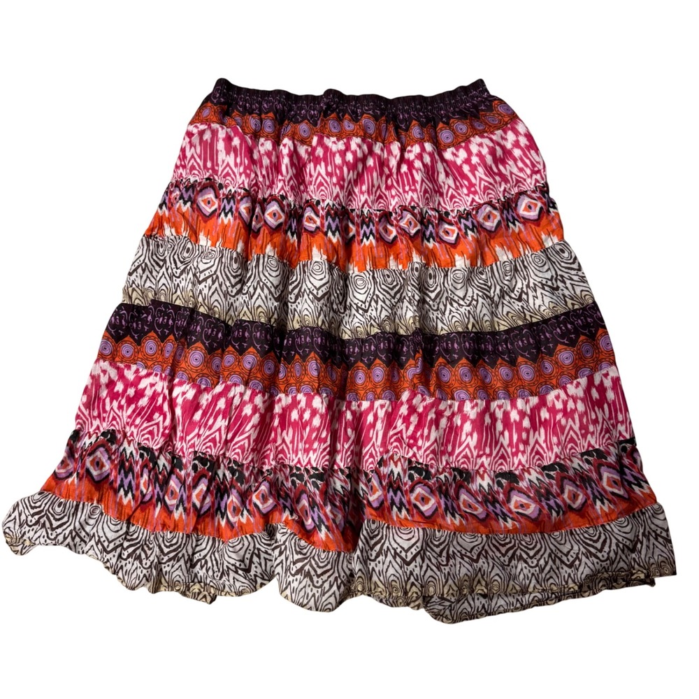 Lane Bryant Women 26/28 Pink Orange Ikat Tiered Cotton Midi Skirt Boho Plus Size